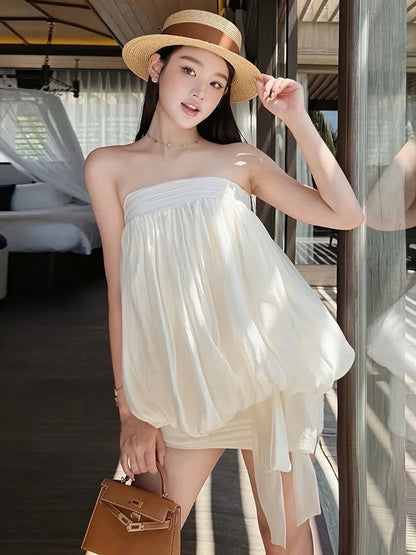 Folds Dress Women Bandage Tassel Chest Wrap Sleeveless Solid Summer Fashion Classic Elegant Party Chic Mini Bodycon