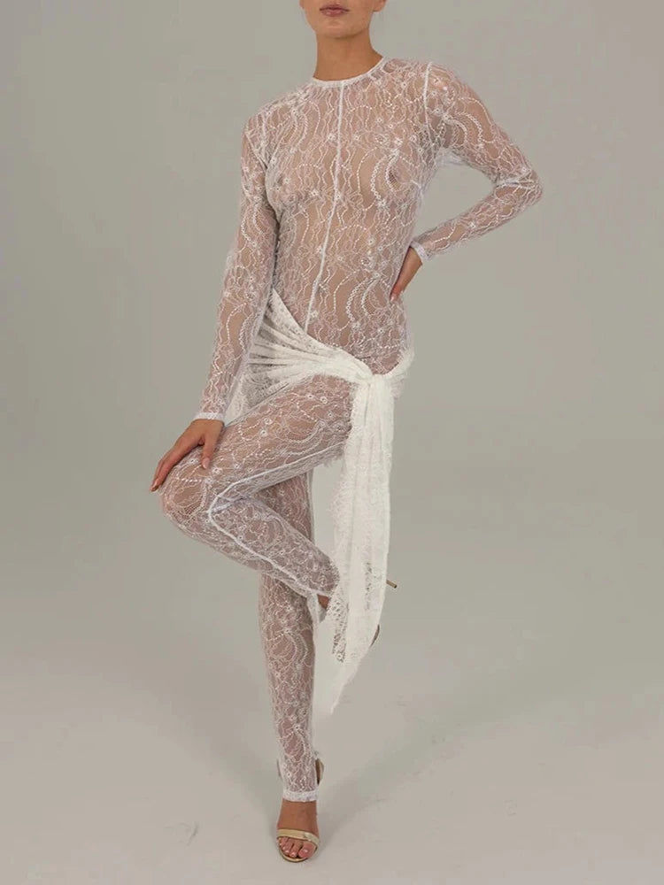 Lace See Through Long Sleeve Sexy Jumpsuit Women Fashion Transparent Irregular Elegant Club Party Jumpsuits Beachwear
