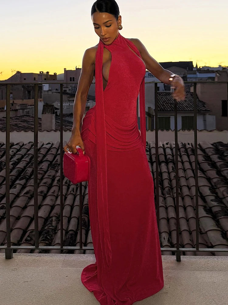 Folds Maxi Dress Women Bandage Halter Long Tassel Sleeveless Backless High Elasticity Elegant Banquet Party Vestidos