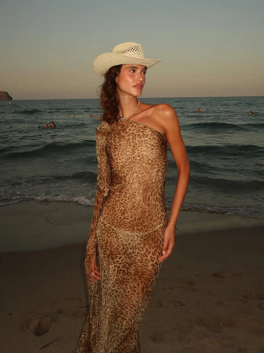 Leopard Print Dress Women See Through Biased Collar Tassel Ruffles Sexy Slim Skinny Midnight Clubwear Party Vestidos