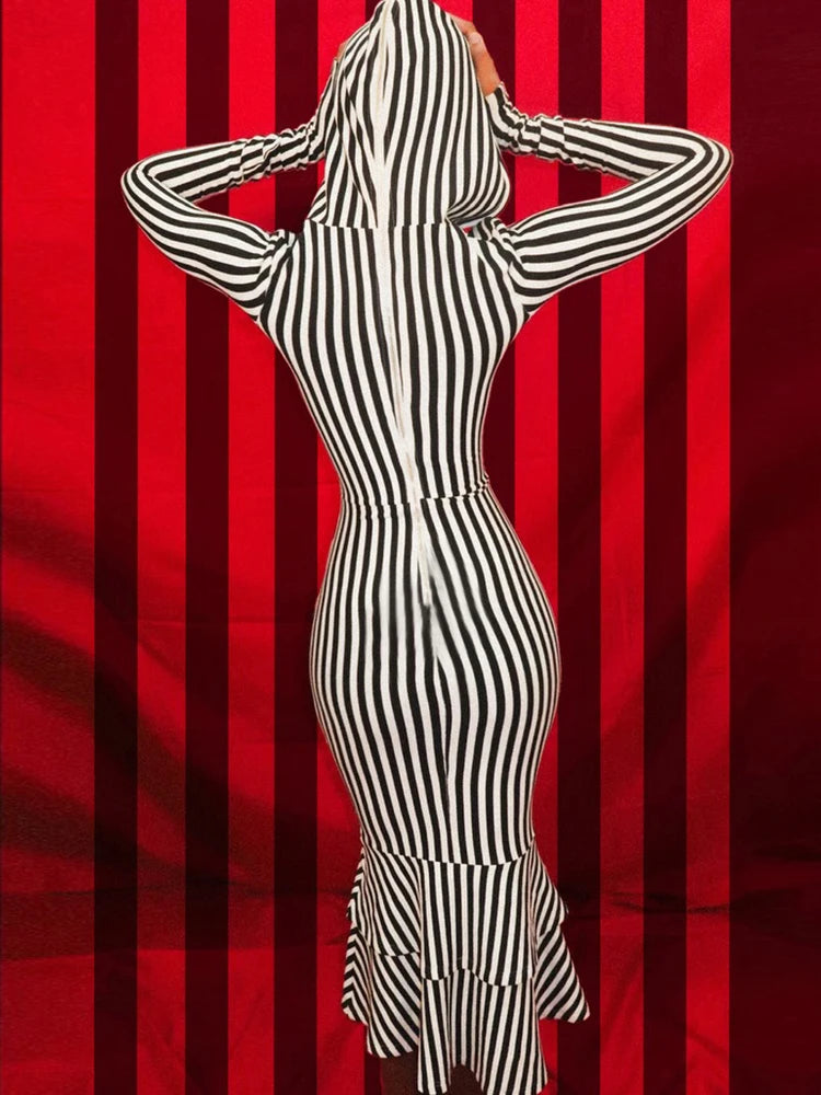 Sleeveless Fashion Stripes Dress Women Sexy Hooded Ruffled Hem Patchwork Full Chic Elegant Evening Party Club Bodycon