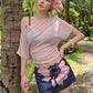 Vacation 2-Piece Set Women Skew Collar Simple See Through t-Shirt+Art Flower Print Mini Skirt Sweet Fashion Suits