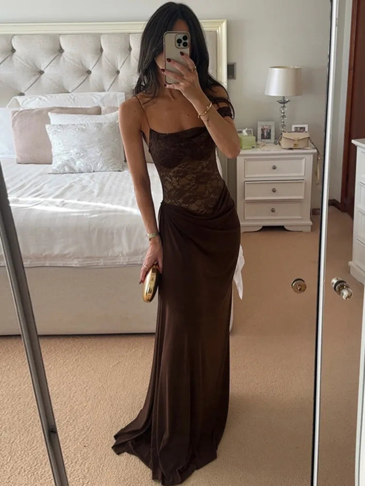 One Shoulder Lace See Through Sexy Maxi Dress Women Gown Fashion Off-shoulder Sleeveless Backless Club Long Dresses