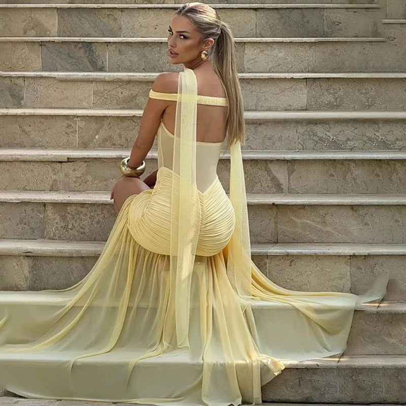 Off Shoulder Backless Split Pleated Maxi Dress See Through Mesh Elegant Party Dresses Woman Sexy Outfits