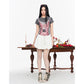 Fake Two-Piece Crop Top, Retro FERAL 66 Print Lace Bow Tee, Slim Short Sleeve T-shirt for Women
