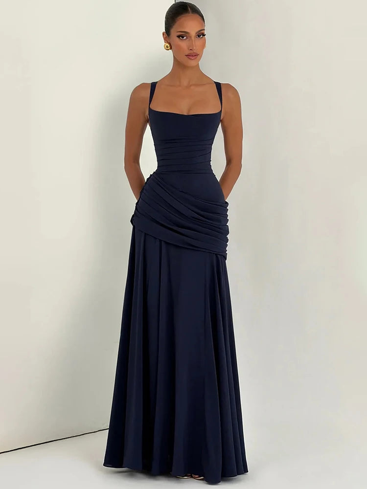 Square Collar Backless Sexy Maxi Dress Women Elegant Chiffon Sleeveless Bodycon Club Party Pleated Long Dresses