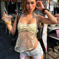 Pentagram Sequin Camisole Women Patchwork Mesh Folds Low-Neck Halter Bandage Sexy Midnight Hottie Summer Clubwear