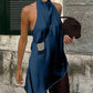 Women Backless Halter Crop Top Solid Color Satin Slip Tank Top Casual Office Ladies Off Shoulder Evening Party Vests