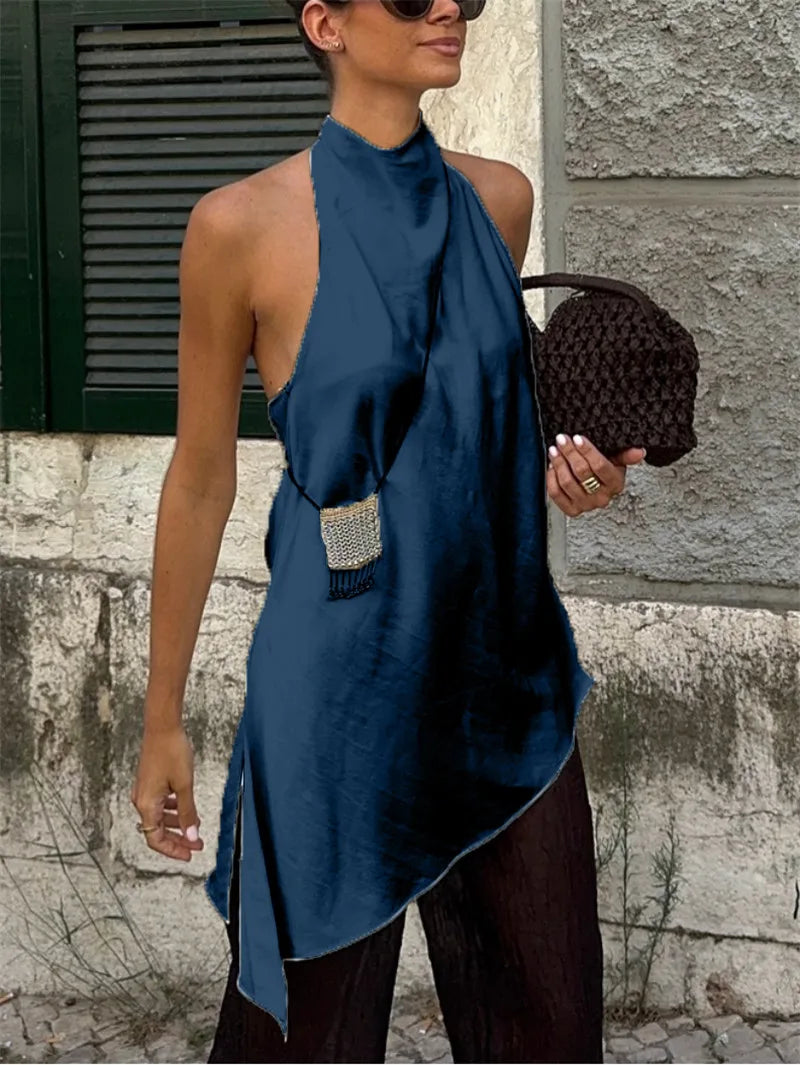 Women Backless Halter Crop Top Solid Color Satin Slip Tank Top Casual Office Ladies Off Shoulder Evening Party Vests