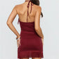 Sparkly Glitter Halter Bodycon Mini Dress Women Tassel Fringe Hem Back Self Tie Sleeveless Backless Night Out Club Dress