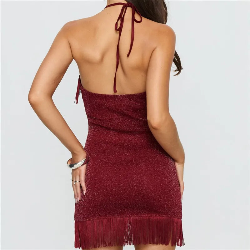 Sparkly Glitter Halter Bodycon Mini Dress Women Tassel Fringe Hem Back Self Tie Sleeveless Backless Night Out Club Dress