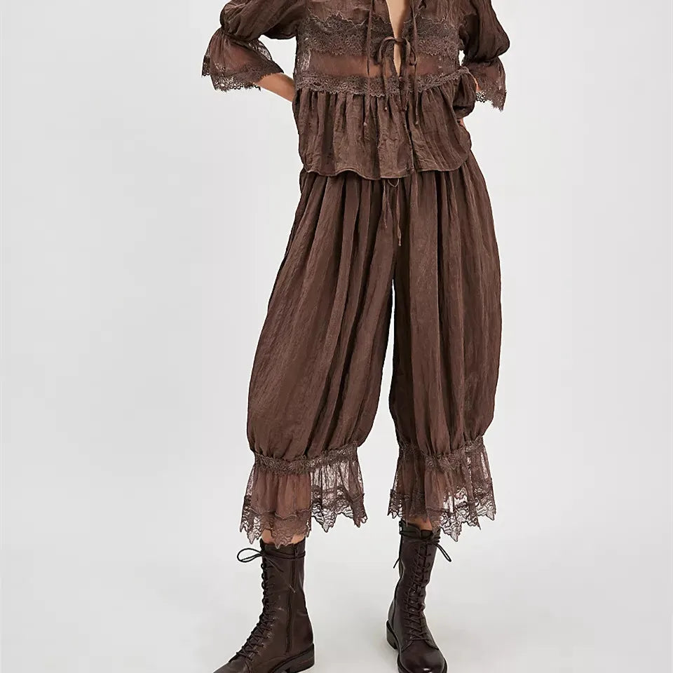 Women Y2K Lace Trim Pants Vintage Pettipants Long Bloomers Pants Under Dress Pantaloons Cute Ruffle Pumpkin Pants