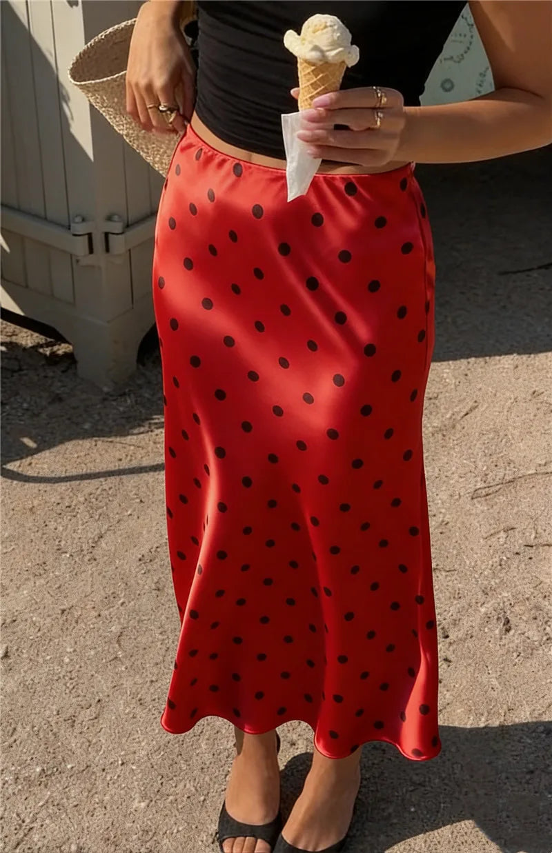 French Vintage Polka Dot Satin Skirt High Waist Silky Midi Skirt Elegant Retro Print For Women Summer Y2K Streetwear