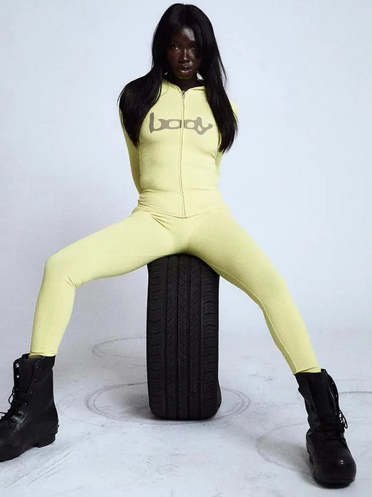 Casual Street Letter Print Tracksuits 2-Piece Set Women Hooded Jacket+Leggings Matching Stretch Sporty Skinny Outfits