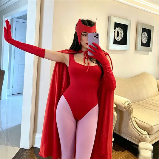 Superhero Costume Women Red Sleeveless Bodysuit Pants Long Cape Set Cosplay Fancy Dress Themed Party Outfi