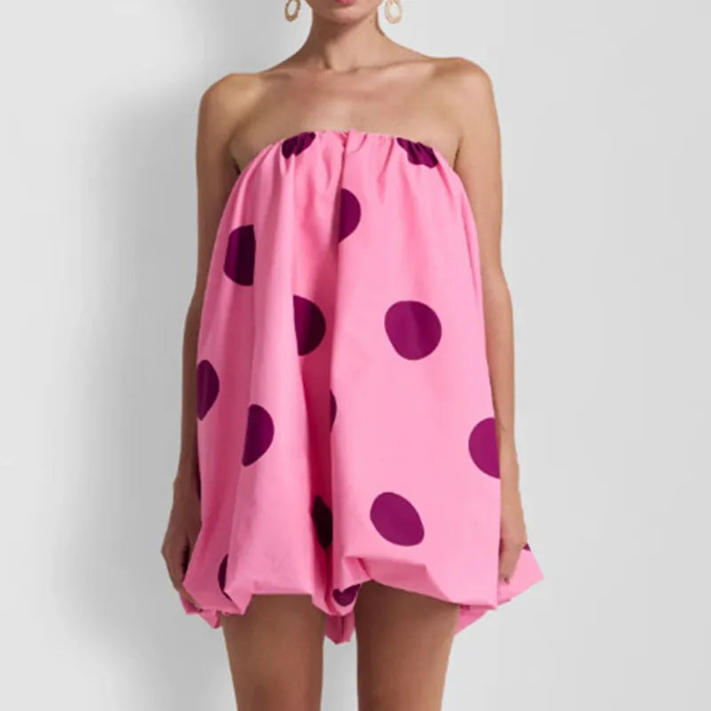 Women Polka Dot Bubble Mini Dress Strapless Flowy Short Tube Dress Off Shoulder Y2k Balloon Dress Party Beach
