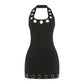 Eyelets Decor Halter Backless Mini Dresses for Woman 2026 Sexy Club Outfits Black Bodycon Dress