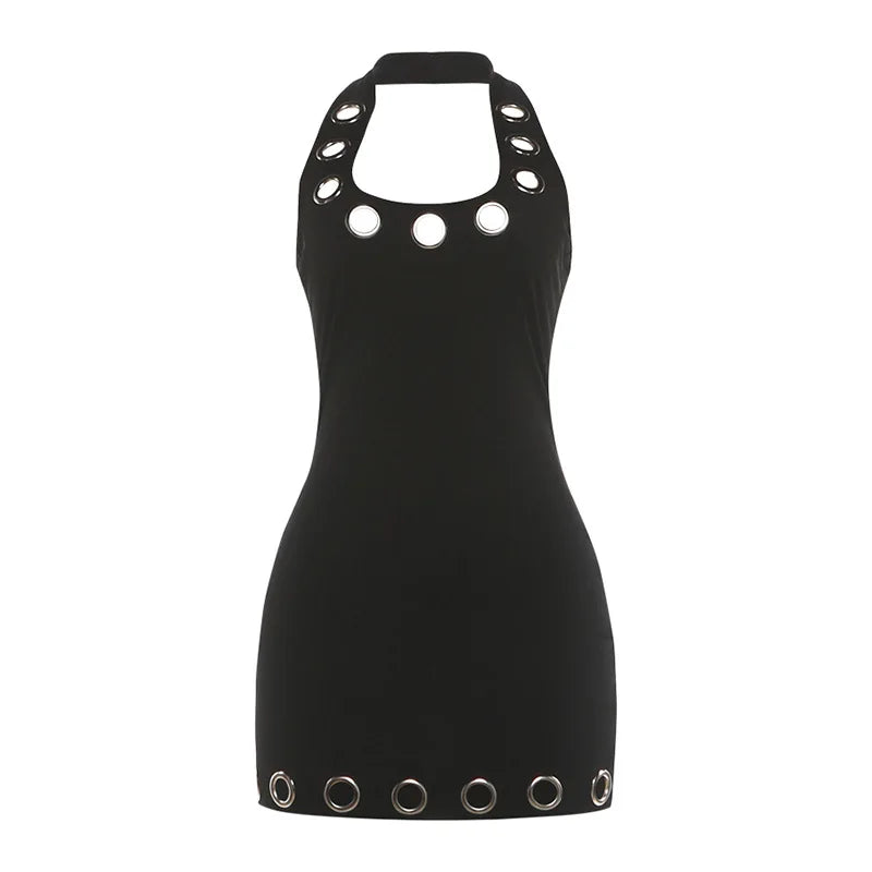 Eyelets Decor Halter Backless Mini Dresses for Woman 2026 Sexy Club Outfits Black Bodycon Dress