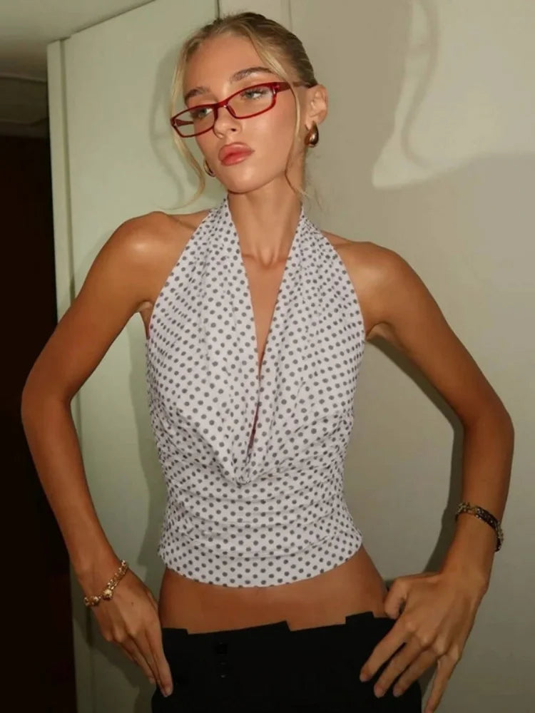Polka Dot Print Halter Top Y2k 2000s Woman Clothes Sexy V Neck Backless Crop Tops Streetwear