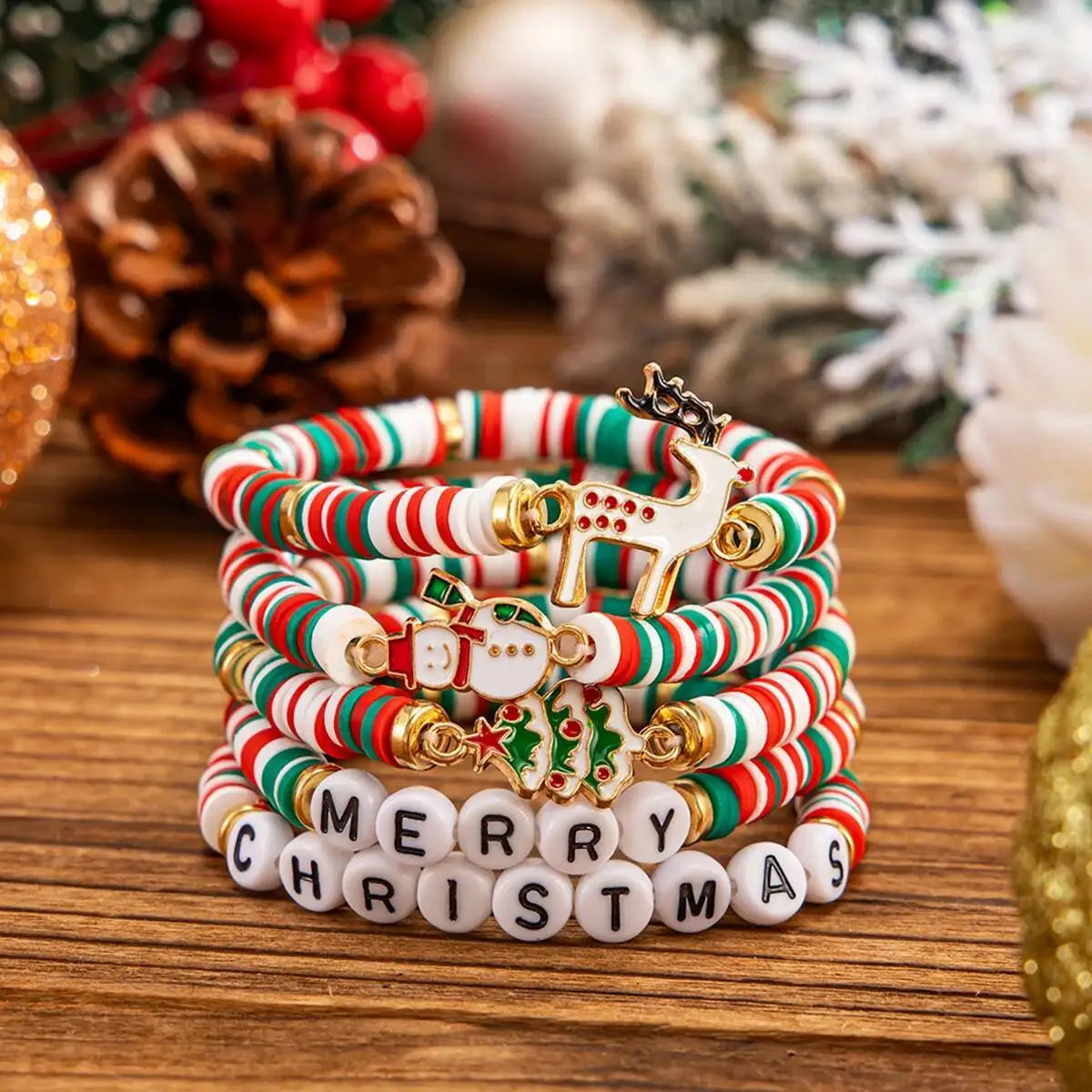 5Pcs/Set Christmas Tree Elk Snowman Pendant Bracelet Women Merry Christmas Elastic  Rope Bracelet New Year Jewelry Gift