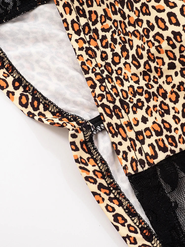 Leopard Print Mini Dress Women Lace Patchwork Halter Sexy Deep V-Neck Backless Midnight Club Party Coquette Outfits