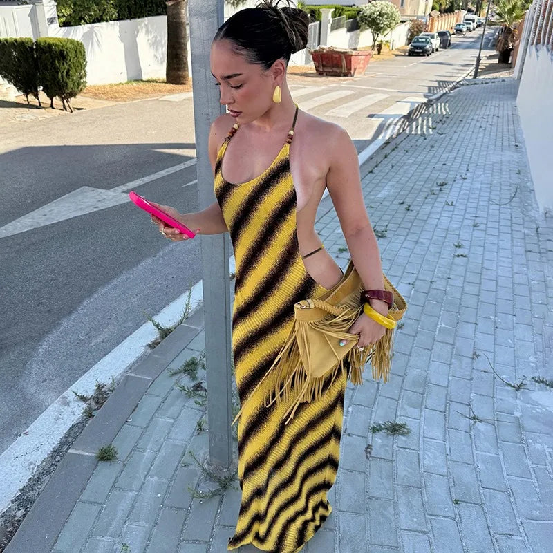 Yellow Striped Halterneck Maxi Dress Sexy Woman Clothing Backless Vacation Dresses 2026