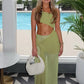 Sexy Vacation 2 Piece Sets Green See Through Mesh Patchwork One Shoulder Top and Long Skirt Set Women Outfit