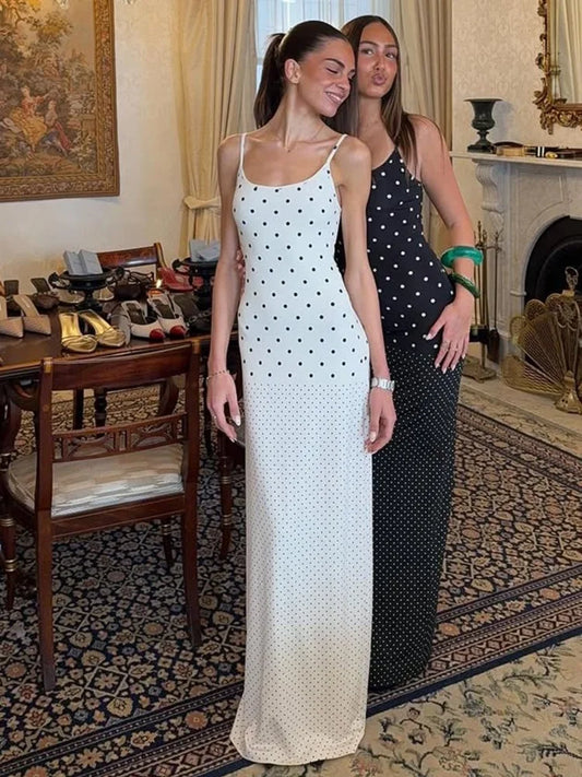 Polka Dot Slip Dress White Black French Style Elegant Sleeveless Backless Long Maxi Dresses for Woman
