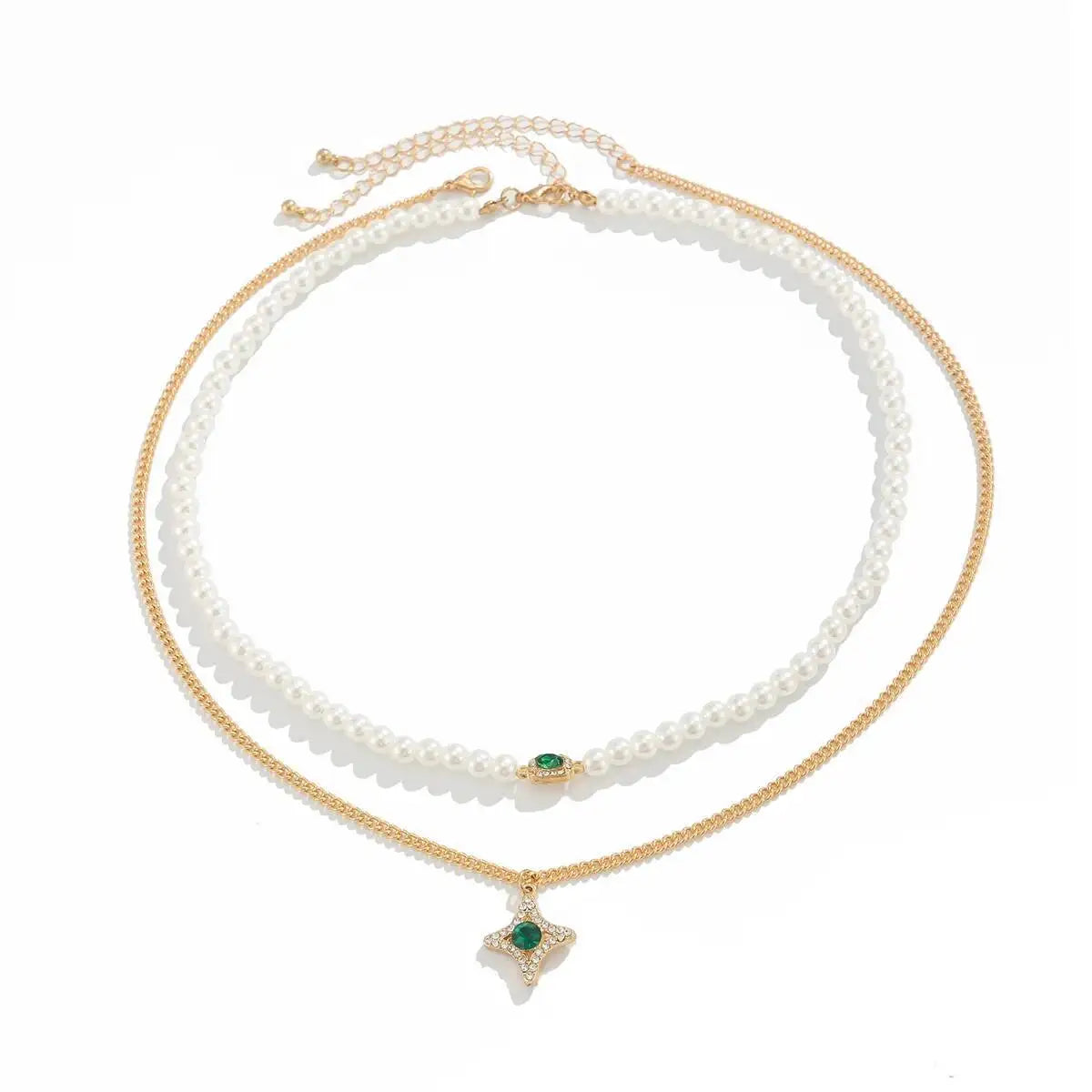 Fashion Luxury Four-Pointed Star Rhinestone Pendant Necklace for Men Boho Exquisite Imitation Pearl Chain Necklace Jewelry