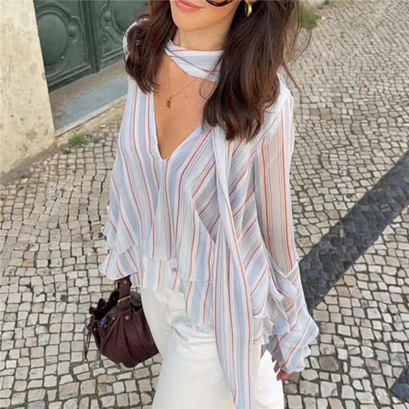 Women Striped Sheer Chiffon Blouse V Neck Neck Tie Ruffle Flare Long Sleeve Loose Cropped Casual Streetwear Office Tops