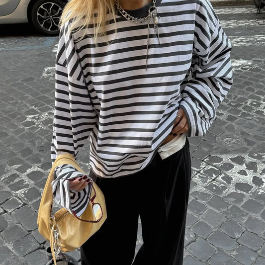 Autumn Spring Long Sleeve Striped T-Shirts Women Basic Casual Tops Female Cozy Loose Blouse Tees Harajuku T Shirt New