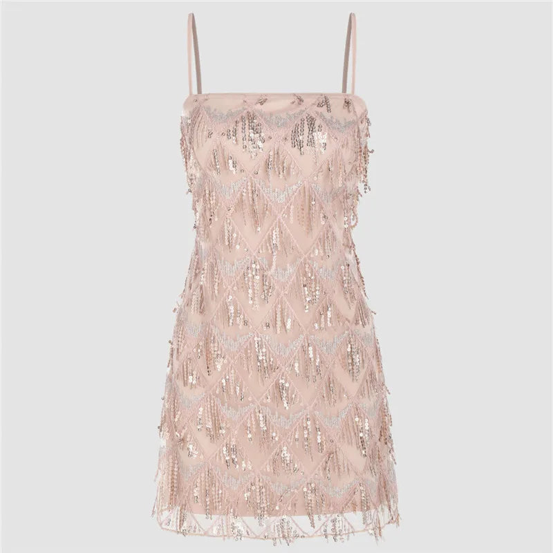 Women Y2K Sparkly Sequin Fringe Mini Dress Spaghetti Strap Bodycon Cocktail Dress for Nightclub Party Music Festival