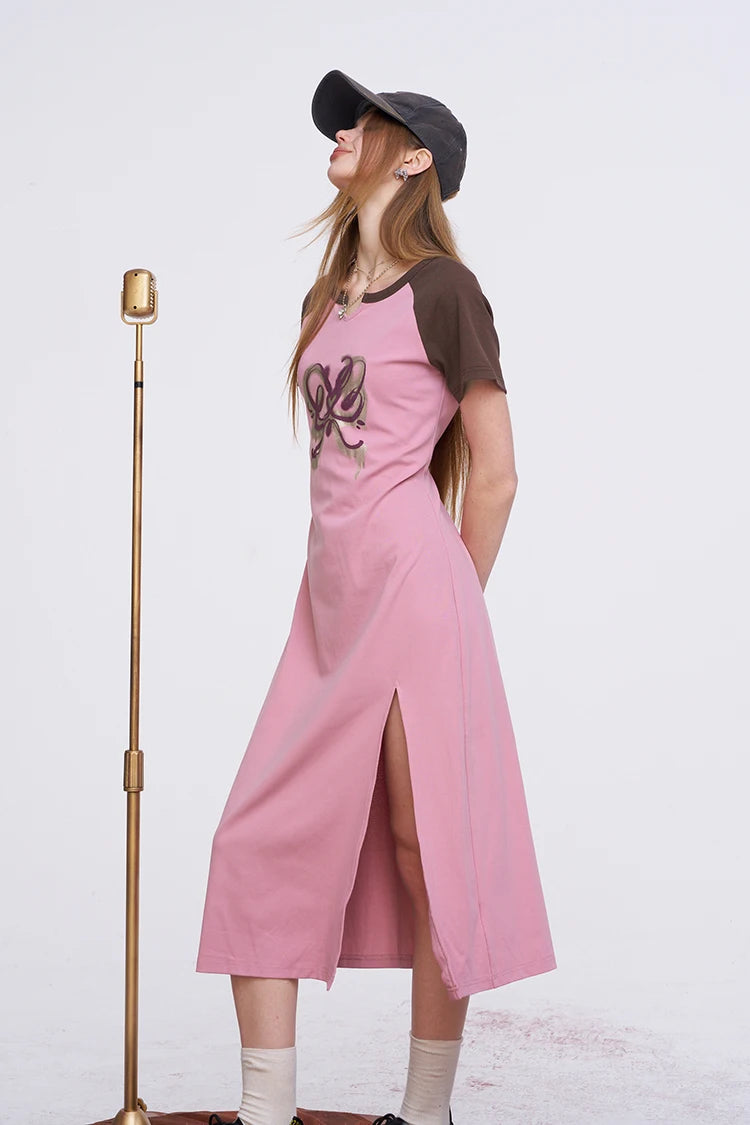 Y2K Sporty Midi Dress with Raglan Sleeve, Slim Fit Slit Dress for Women, Retro Aesthetic Streetwear Graphic Robe