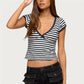 Y2K Hot Girl Multi Color Contrast Trim Striped Crop T Shirt Women Wrap Deep V Cap Sleeve Slim Fitted Cropped Street Top