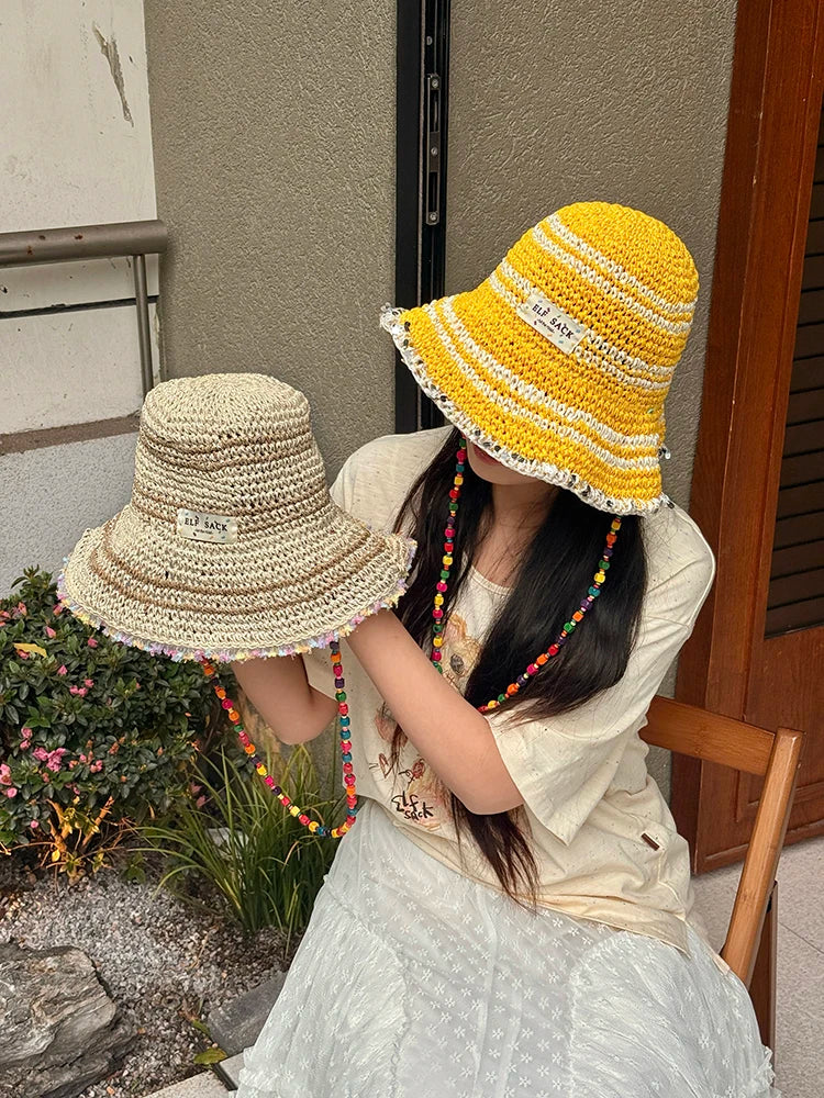 Women's Crochet Straw Bucket Hat with Colorful Bead Chain, Striped Woven Sun Hat for Summer Beach, Cute Casual Vacation