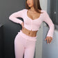 Ruched Sweet 2-Piece Set Women Low-Neck Single-Breasted Long Sleeve Crop Tops+Elastic Waist Pants Casual Sporty Suits