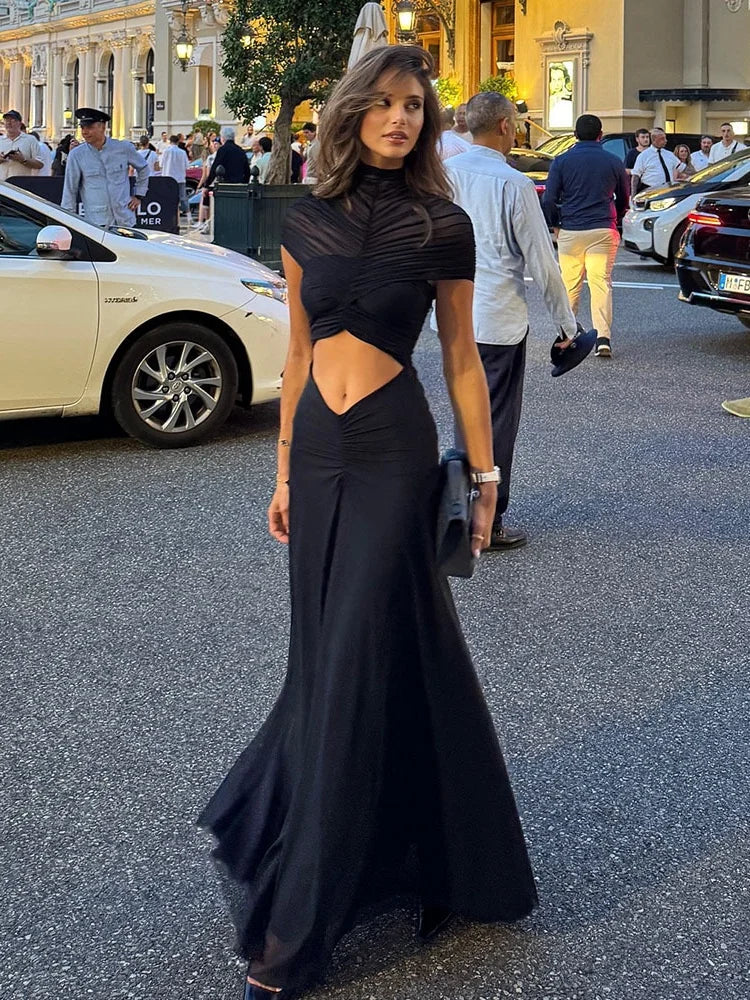 Cut Out Ruched Maxi Dress Mesh Patchwork Sheer Black Elegant Dresses Birthday Party Outfits for Woman