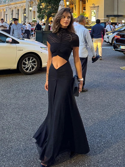 Cut Out Ruched Maxi Dress Mesh Patchwork Sheer Black Elegant Dresses Birthday Party Outfits for Woman