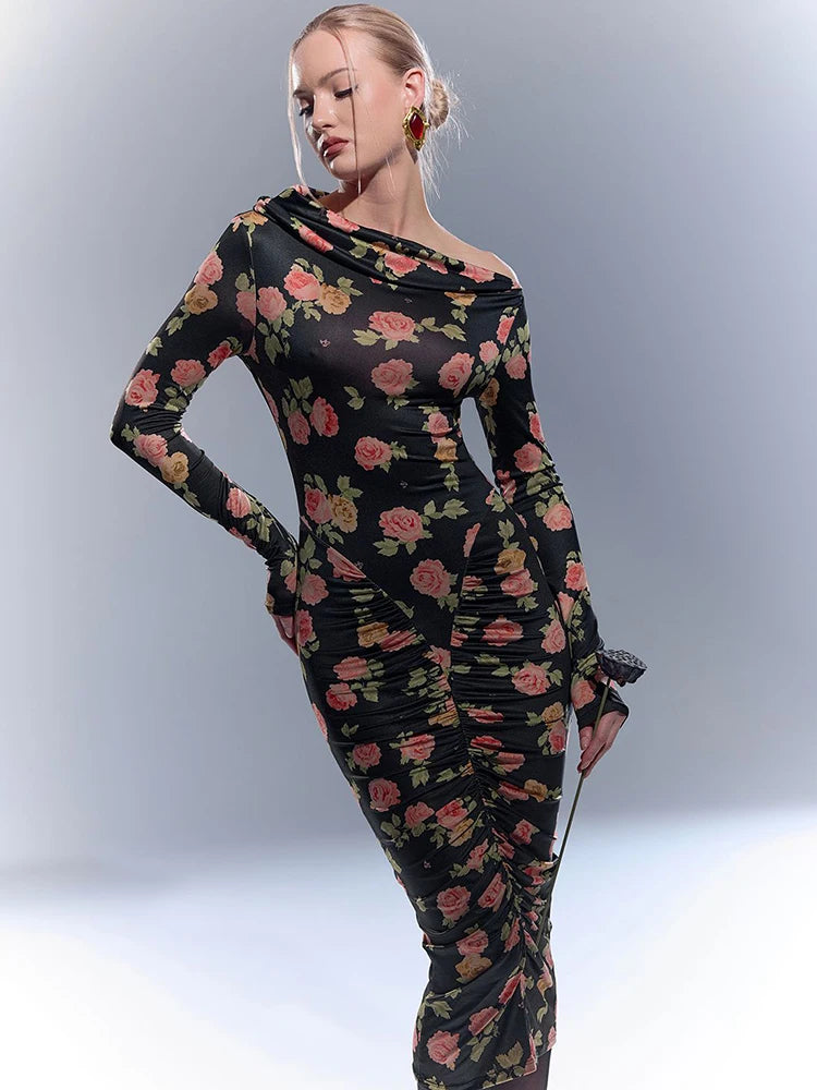 Diagonal Collar Long Sleeve Sexy Midi Dress Women Gown Elegant Backless Ruched Bodycon Club Party Long Dresses Female