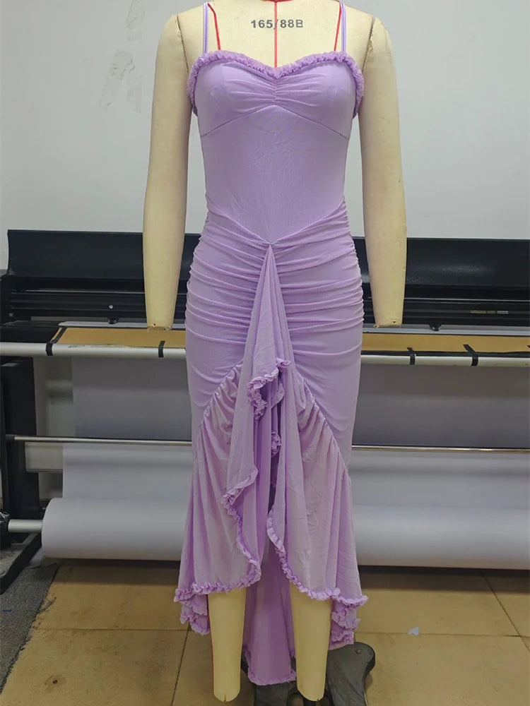 Ruffled Draped Ruched Sexy Maxi Dress For Women Yellow Spaghetti Strap Sleeveless Backless Club Party Sexy Long Dress