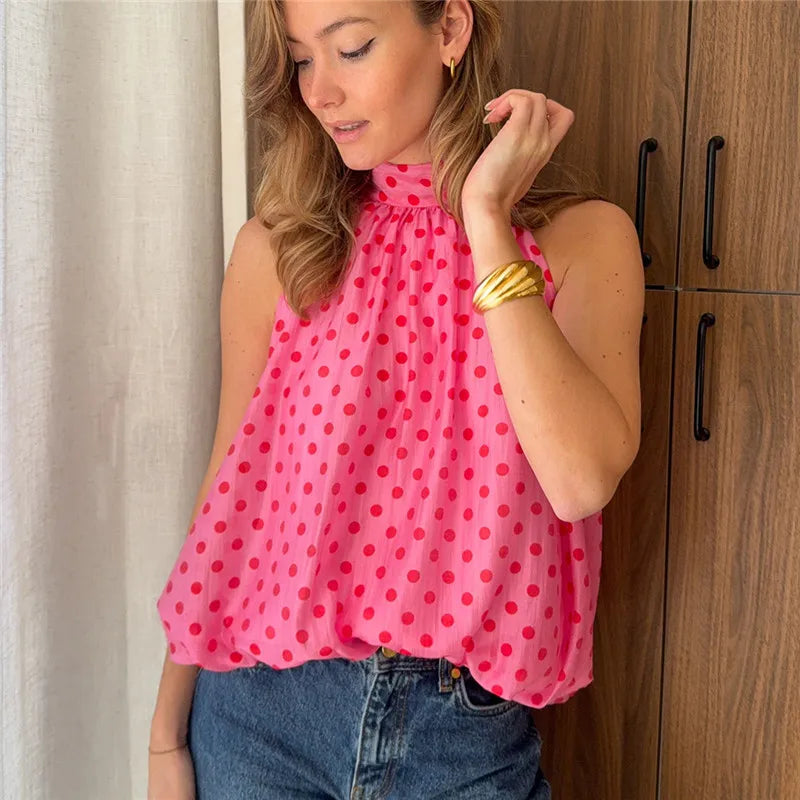 Y2K Polka Dot Halter Neck Top Sleeveless Tie Back Blouse Shirt Summer Casual Loose Fit Fairy Grunge Streetwear Tank Top
