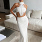 Elegant 2 Piece Set Women Trend Feather Patchwork Backless Halter Bandages Tank Top+Simple Skirts Fashion Party Suit