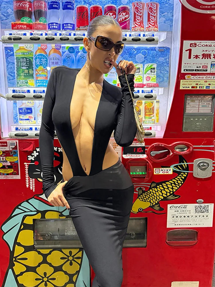 Hot Girls Leather Patchwork Long Dresses Woman Sexy Deep V-Neck Backless Full Sleeve Style High Street Elegant Vestidos