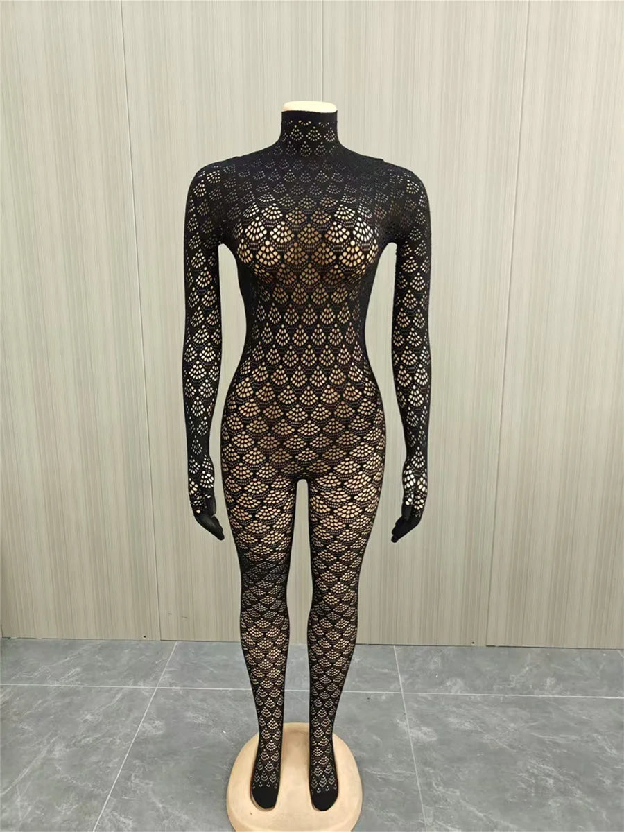 Coquette Backless Jumpsuit Women Sexy Jacquard See Through Turtleneck Full Sleeve Stretch Midnight Club Streewear