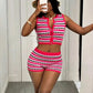 Colorful Stripe 2 Piece Set Women Tracksuit Crochet Single-Breasted Crop Tops+Shorts Street Classic Matching Suit