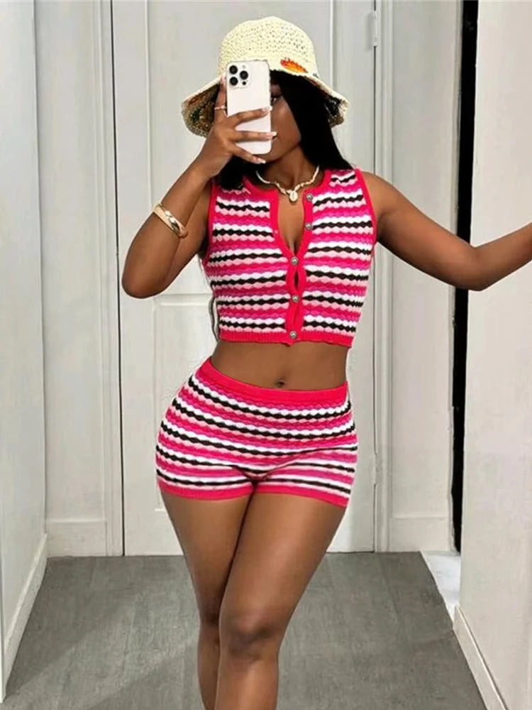 Colorful Stripe 2 Piece Set Women Tracksuit Crochet Single-Breasted Crop Tops+Shorts Street Classic Matching Suit