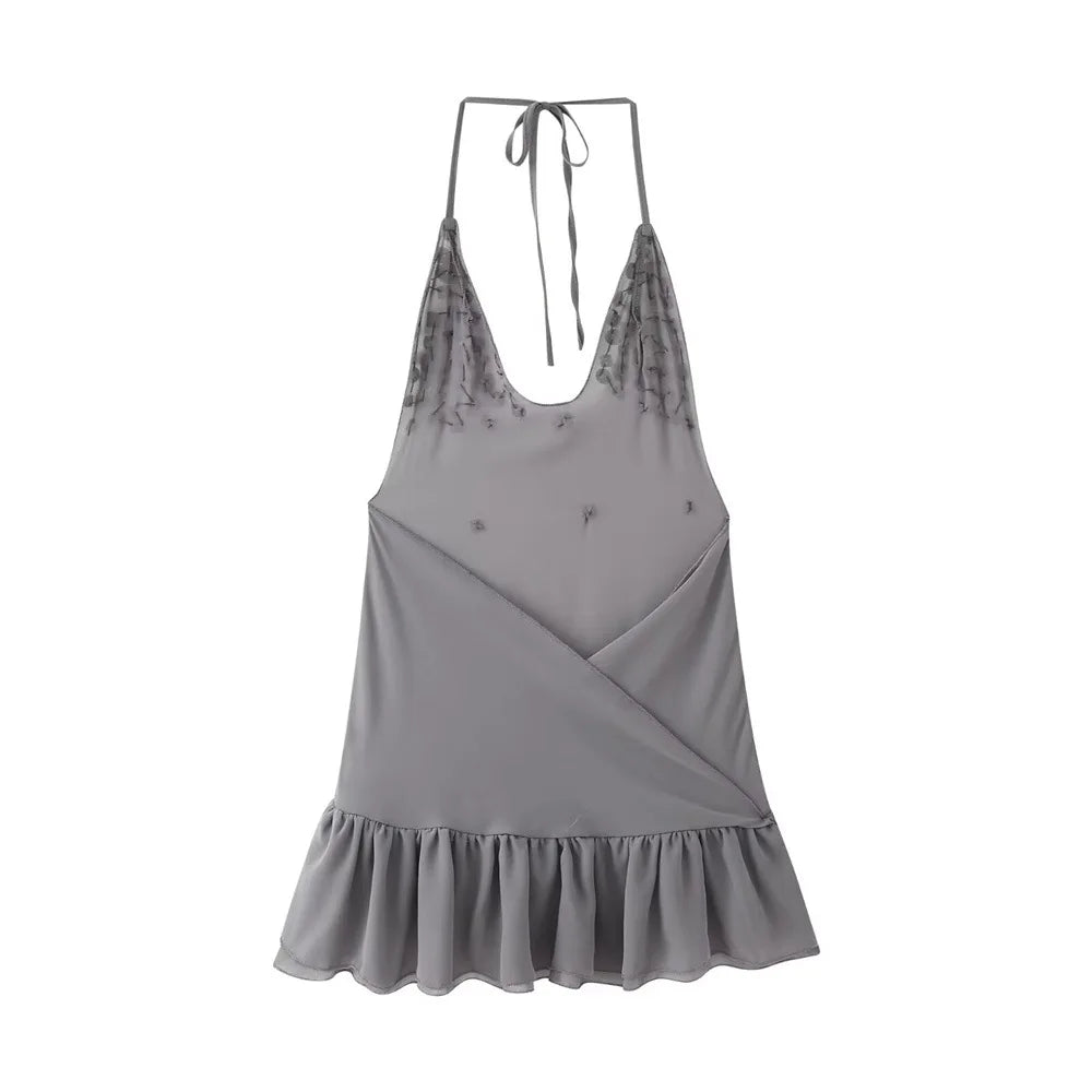Summer Women Halter Sequin Ruffled Mini Dress Women V-neck Sleeveless Lace Up Backless Pleated Sexy Beach Dresses