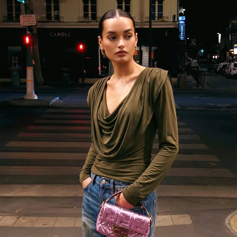Draped Cowl Neck Long Sleeve Tops for Woman Clothing 2026 Fall Shirts Elegant Fashion