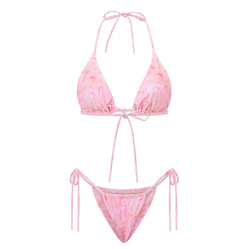 Women 2 Pieces Bikini Swimsuit Spaghetti Strap Top Tie Side Triangle G-Thong Bathing Suit Beach Holiday Swimwear