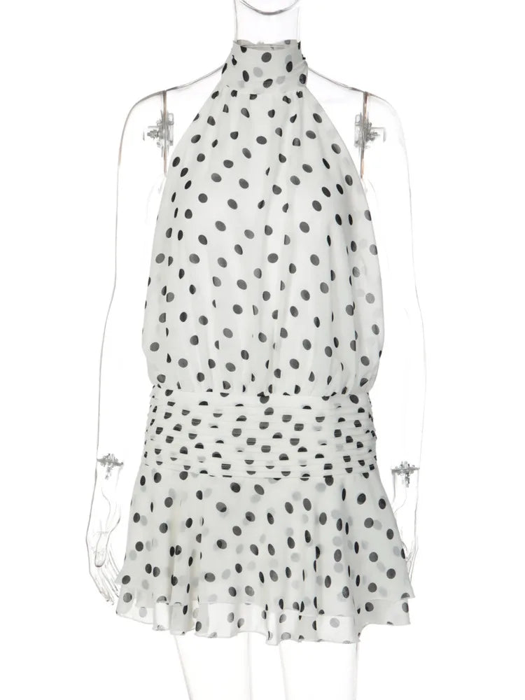 Polka Dot Backless Sexy Mini Dress Women Elegant White Turtleneck Off-shoulder Sleeveless Ruffle Club Party Dresses